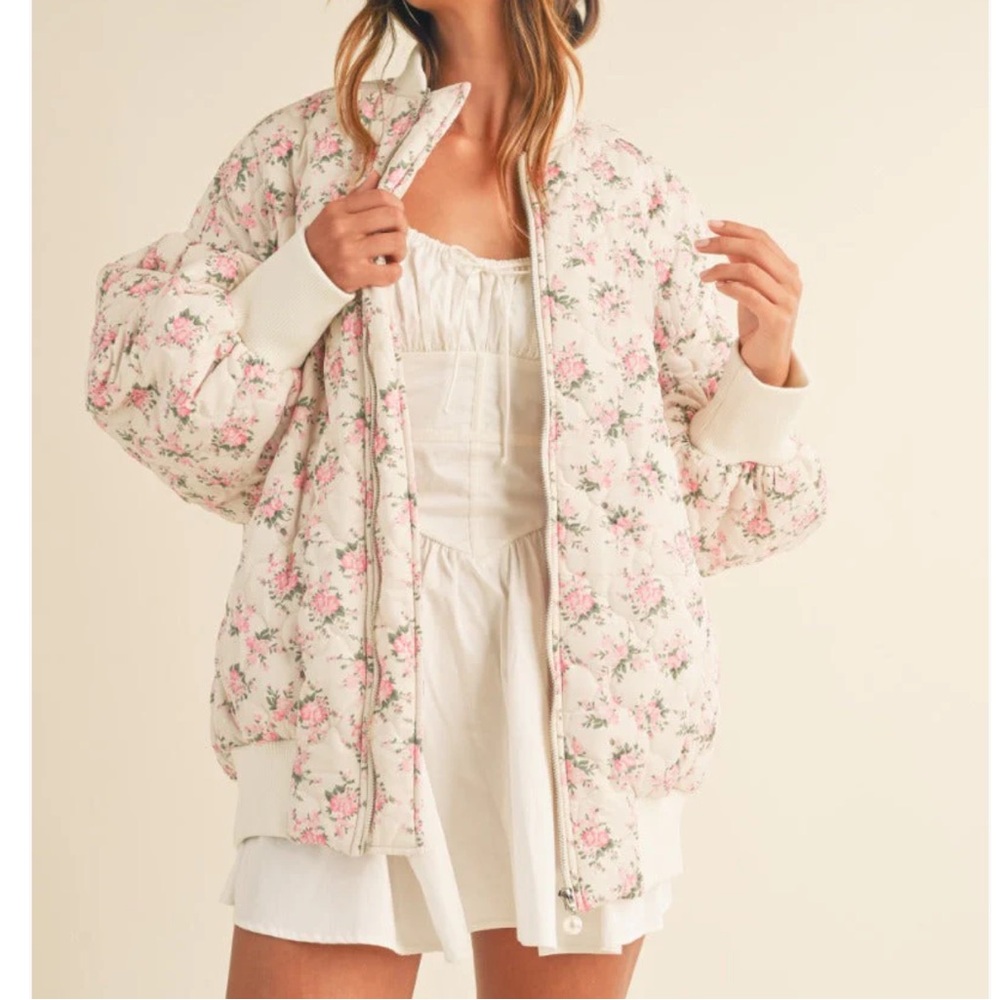 JOSIE FLORAL QUILTED BOMBER JACKET IN PINK/CREAM